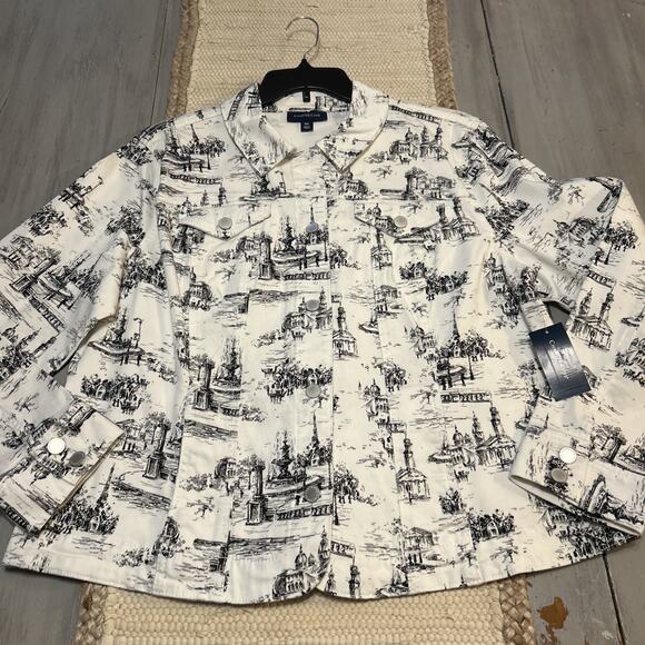 NWT White Black Paris City Print Charter Club Denim Jacket Button Front Sz XXL - Picture 1 of 11